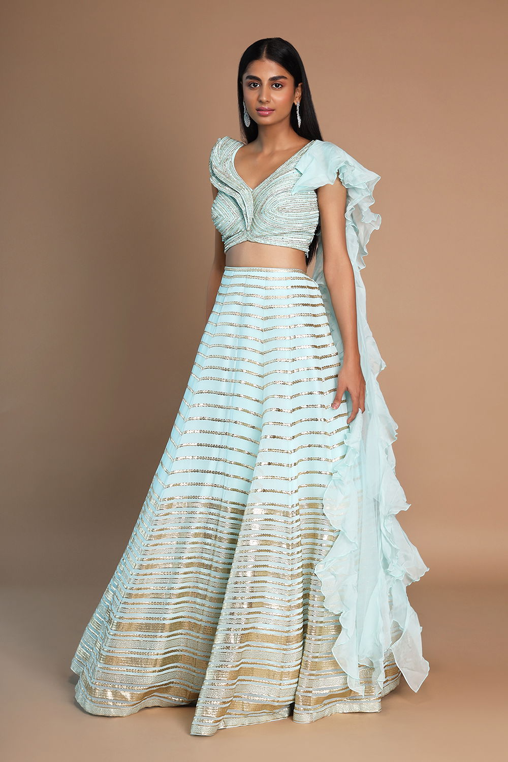 Baby Blue Shimmery Cocktail Lehenga With D Detailed Blouse And Ruffled