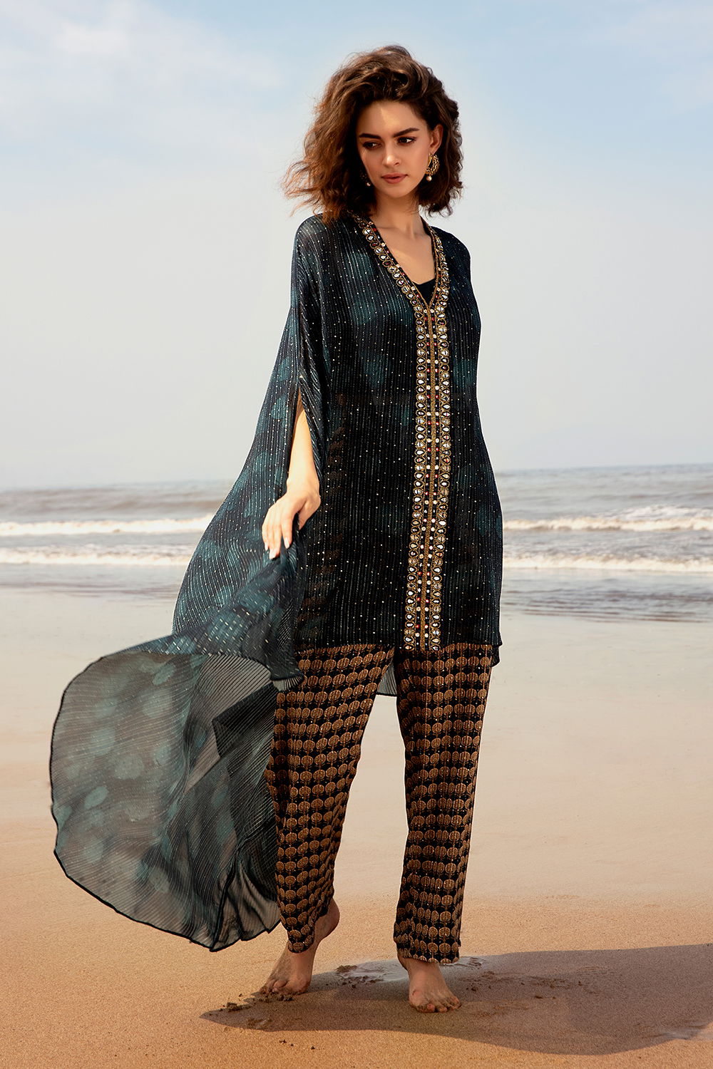 Printed Sequinned Navy Blue Kaftan Style Long Top with Hand-Embroidered  Placket - Seasons India