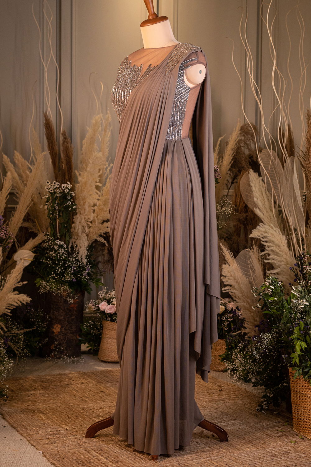 Ash Grey Pre Stitched Draped Saree Gown with Hand Embroidered Bodice Seasons India