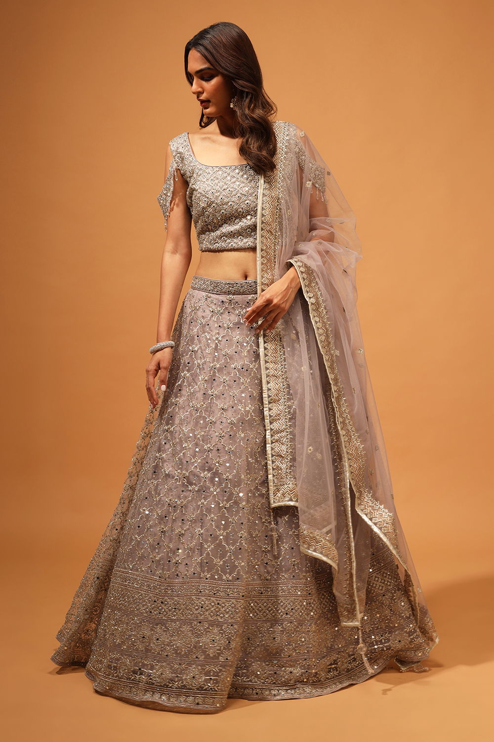 Dusty Grey Embroidered Lehenga Set with Cold Shoulder Blouse Silver Details Seasons India