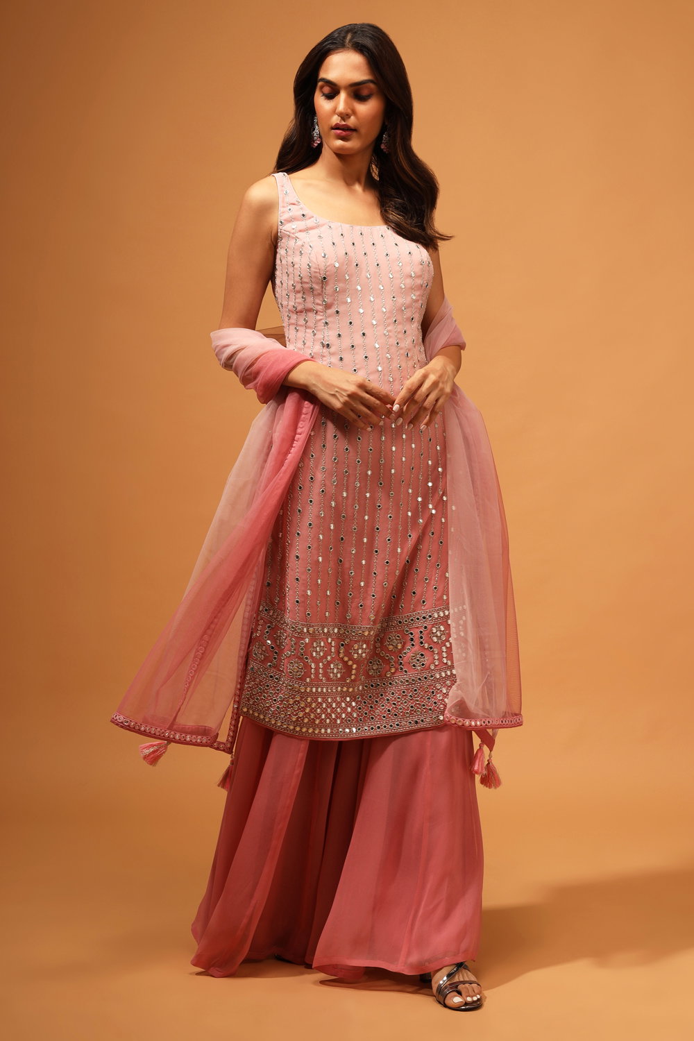 Pink Ombre Dyed Half Sleeve A-Line Kurta With Pink Ankle Length Palazzo