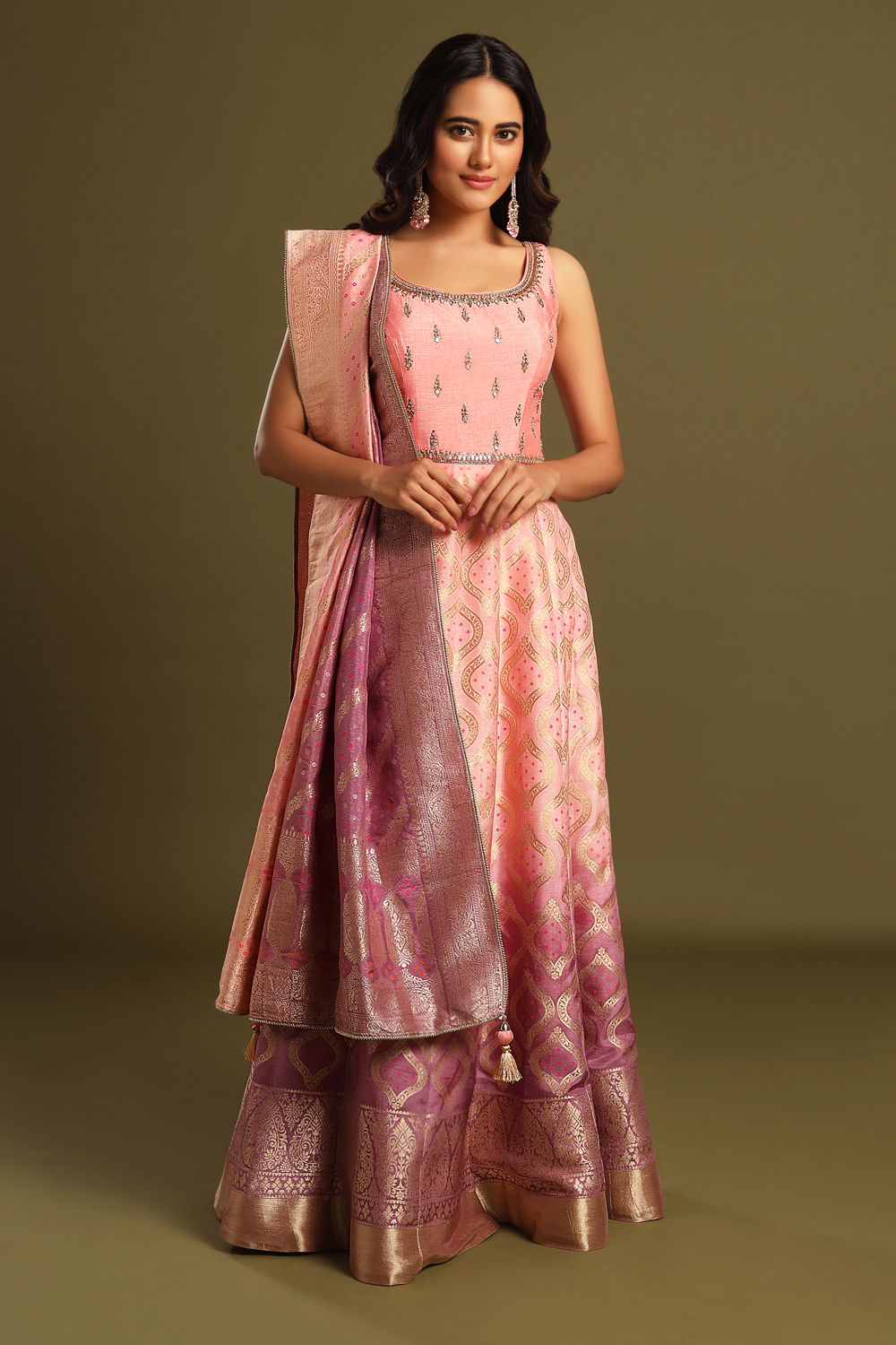 Petal Pink to Purple Ombre Banarasi Anarkali Gown Set with Embroidered Bodice and Shaded Banarasi Dupatta Seasons India