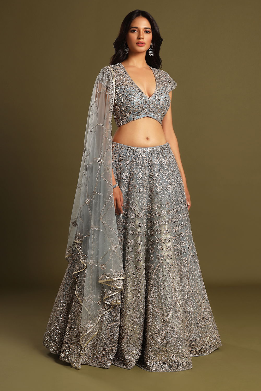 GREYISH BLUE LEHENGA SET WITH ALL OVER ‘BAADLA’ SILVER EMBROIDERY ...