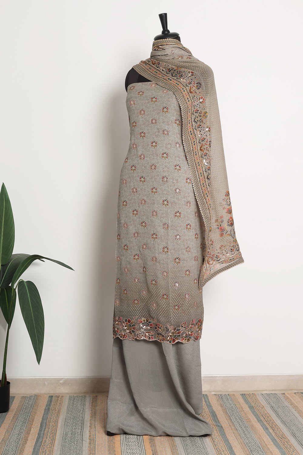 Grey & Beige Spun Mughal-Inspired Paisley Printed Unstitched Suits Material main image 1