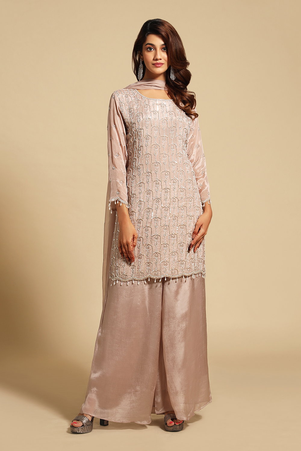 Charming Light Pink Heavy Chinon Embroidered Palazzo Kurta Set