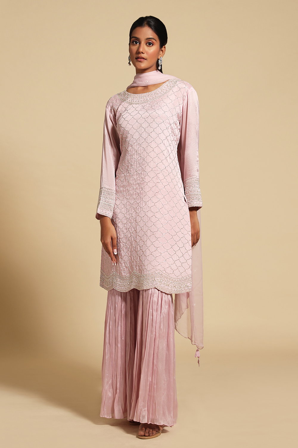 Women Chinon Dusty Pink Embroidered Kurta Sharara Dupatta