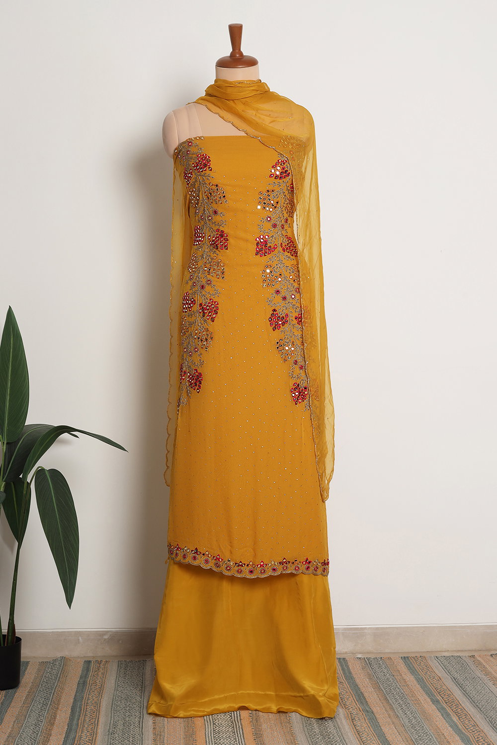 Mustard Yellow Pure Cotton Floral Embroidered Straight Suit with Hand embroidery Work on Neck main image 1
