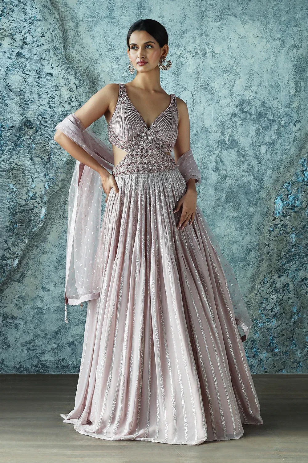 Dusty Lavender Sequin Patterned Anarkali Gown Set with Cut-Out Bodice ...