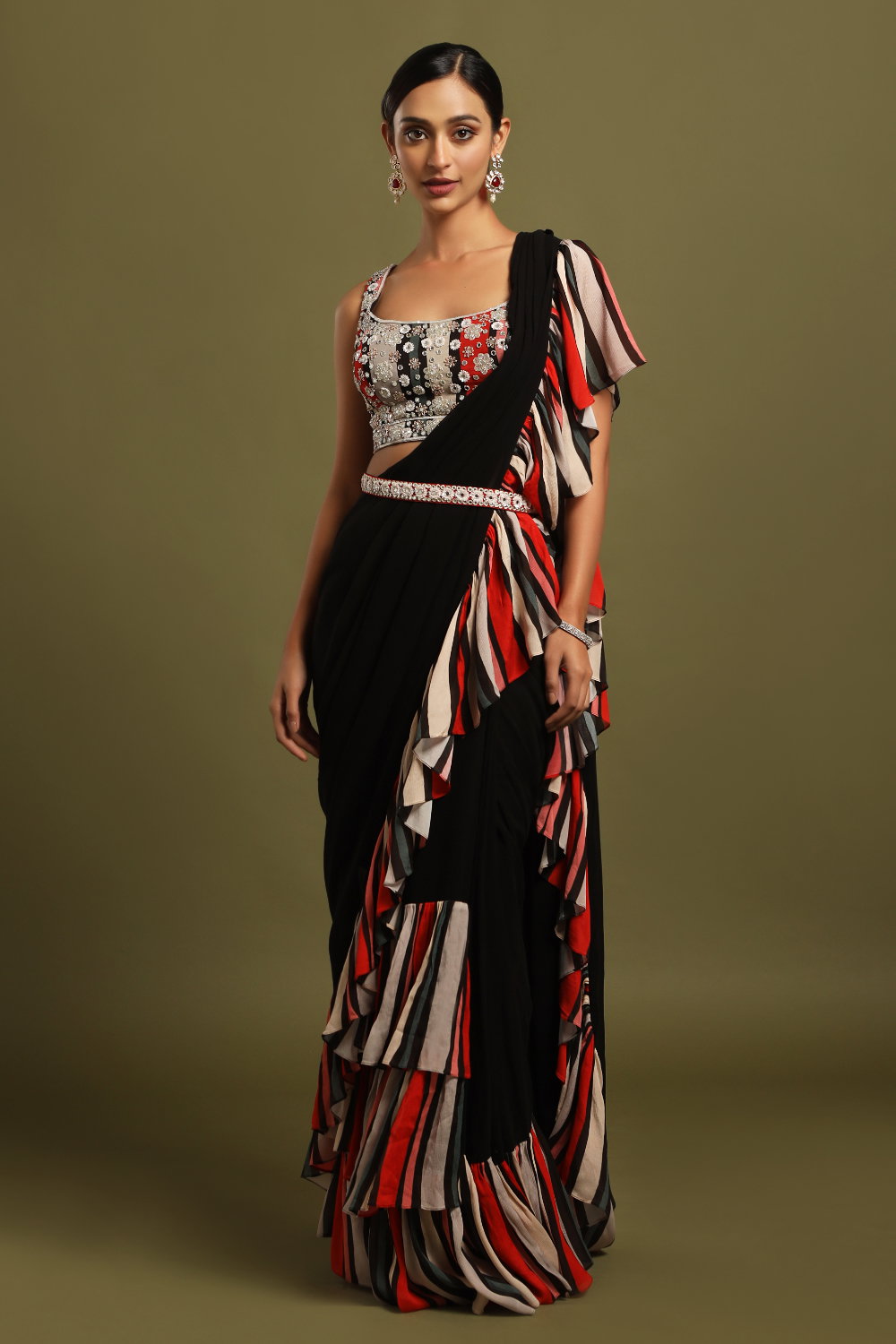 Black Net Stitched Ruffled Sharara Saree with Blouse Piece