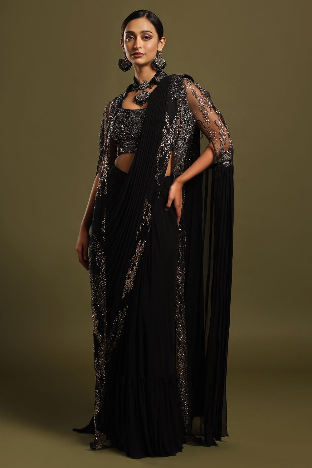 Black saree with gold jacket hotsell