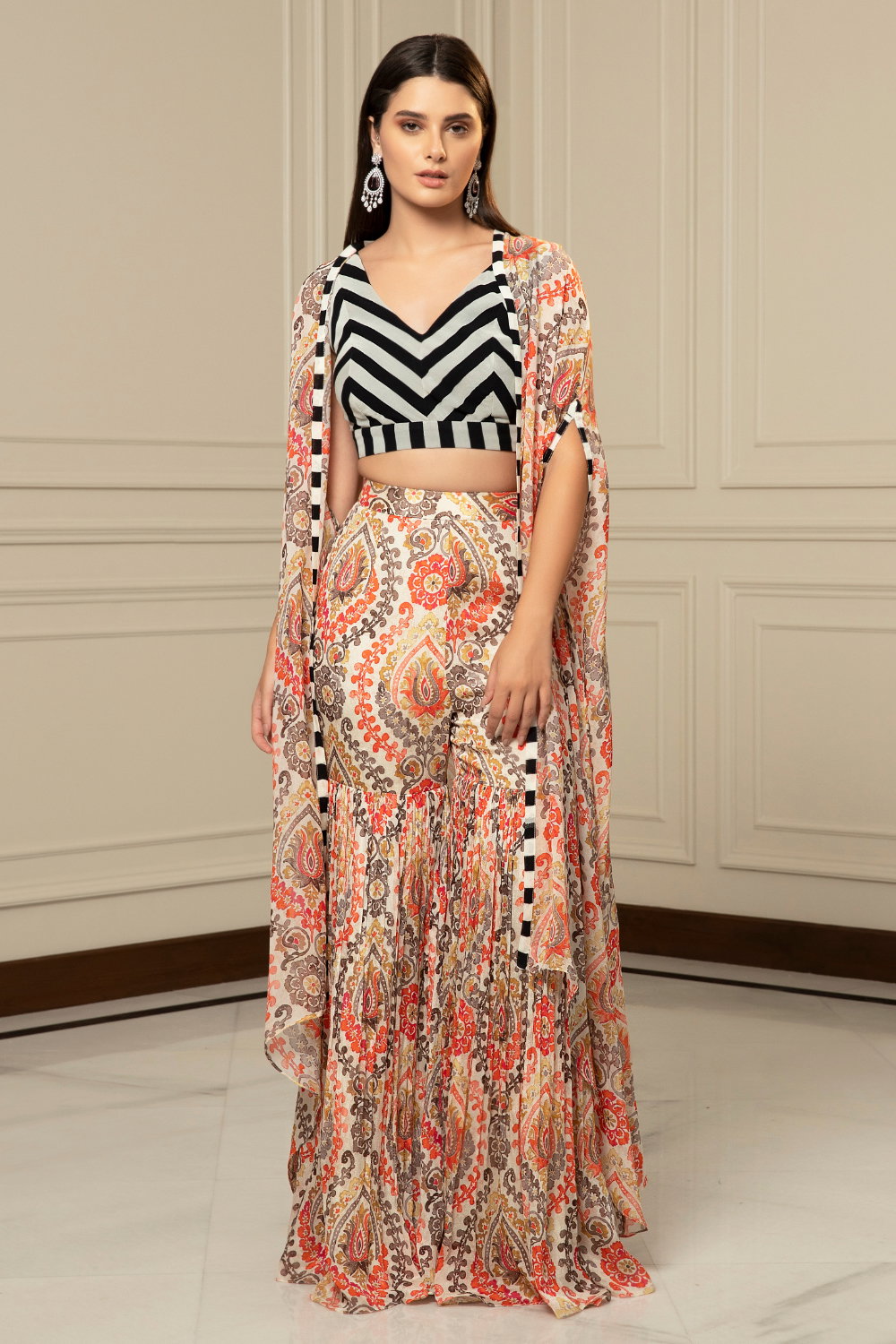 Black Floral printed Jacket, Camisole with Sharara