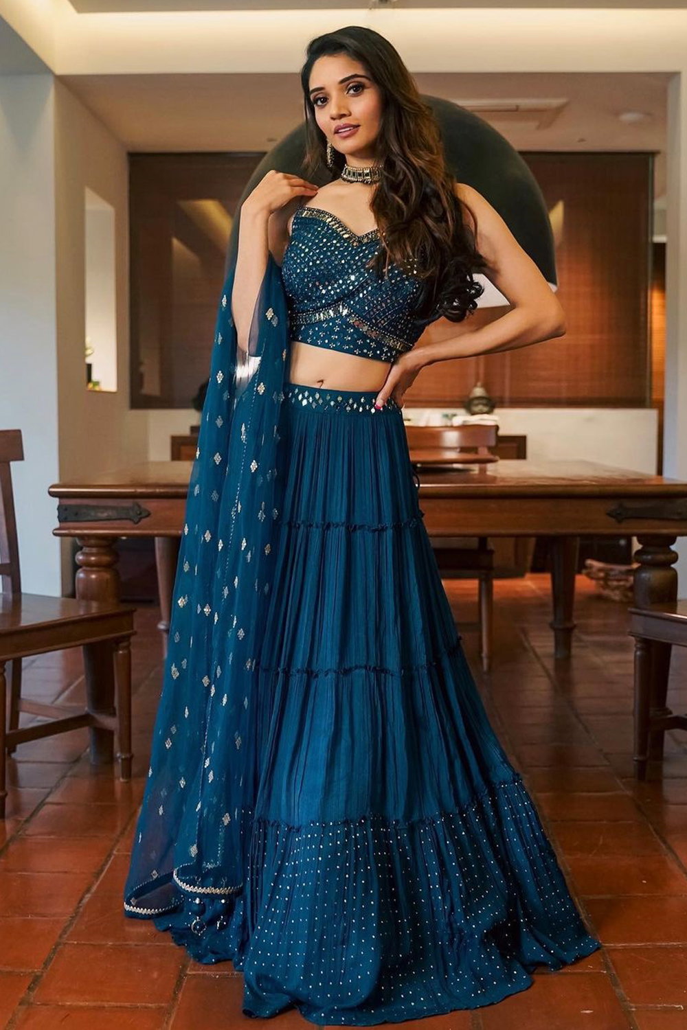 Blue structured blouse lehenga set