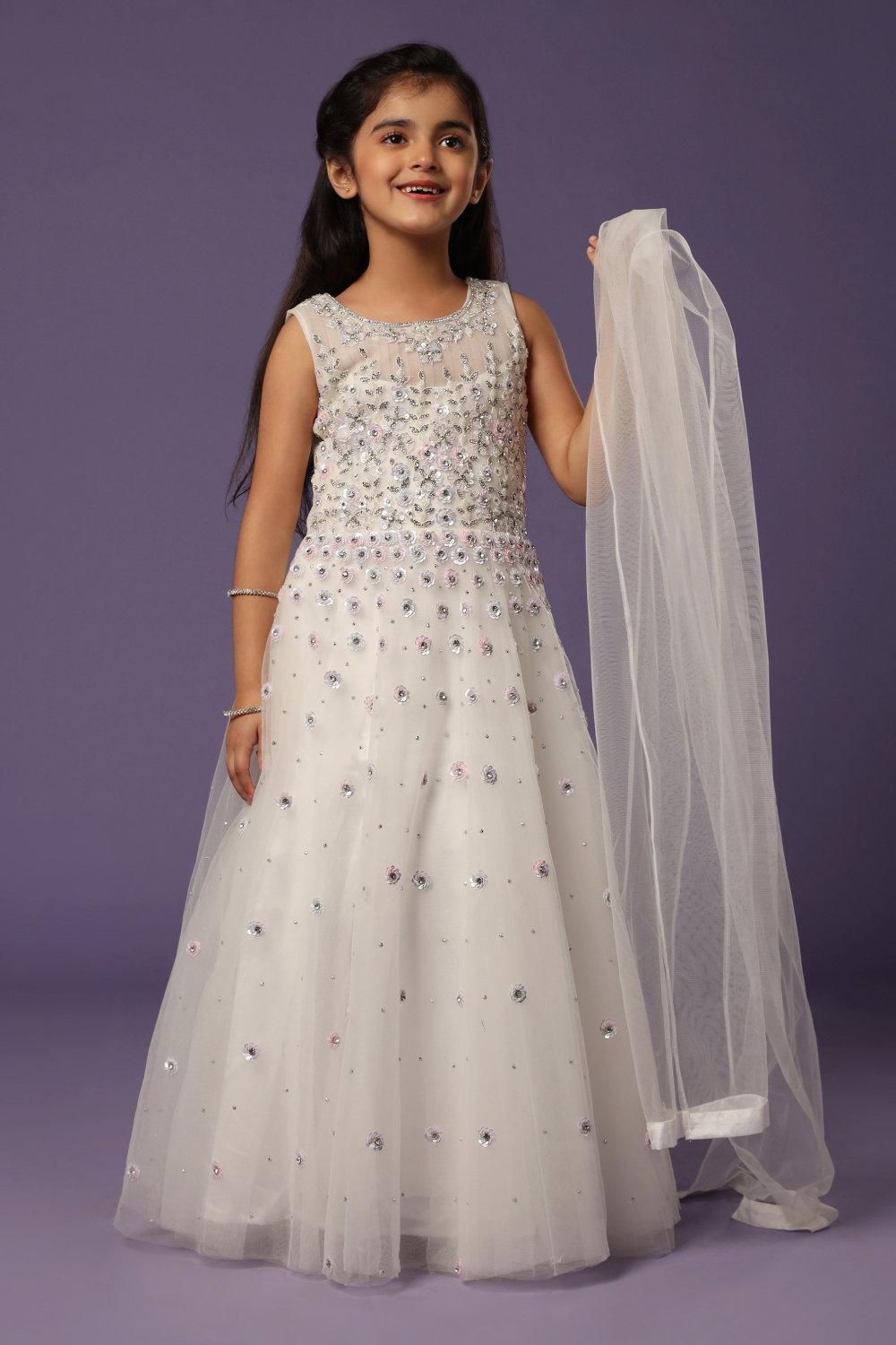 Ivory White Classic Tulle Gown Set with Hand-Embroidered Flowers and Silver  Details - Seasons India