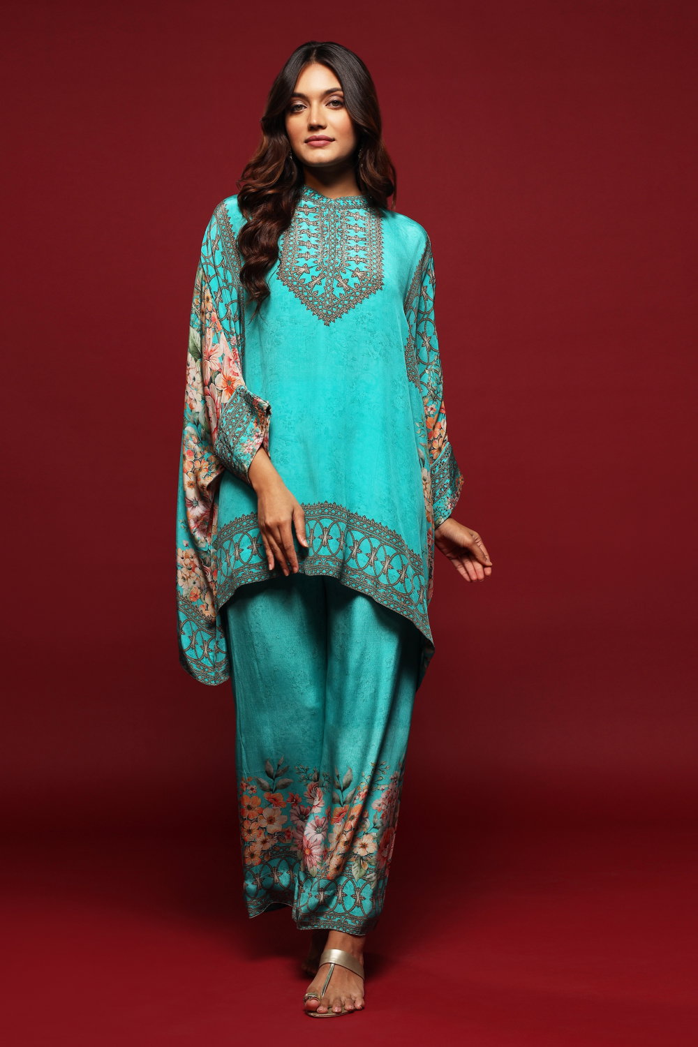 Women's Solid Kaftan Embroidered Blue Kurta with Palazzos