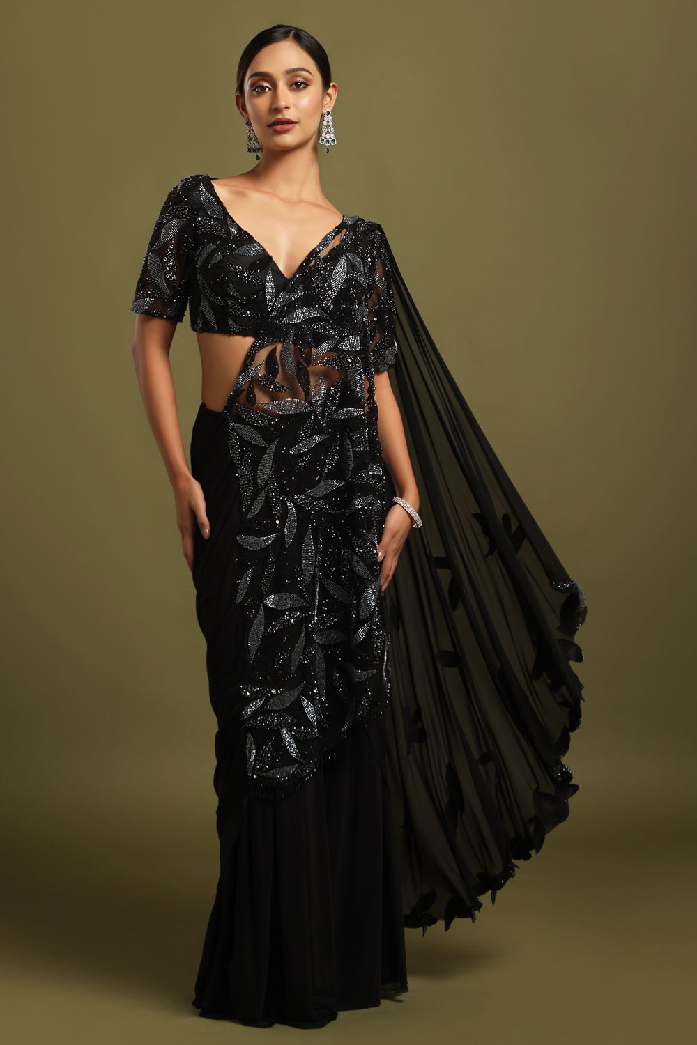 Raven Black Draped Pre-Stitched Saree with Beadwork Pallu and Cut Work ...