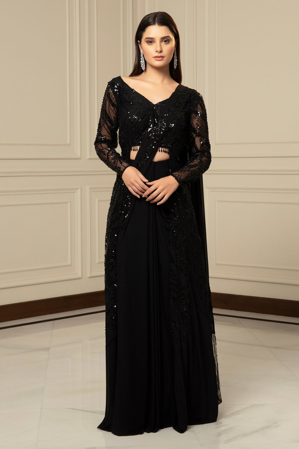 Black Beauty Printed Draped Saree with Sparkling Mirror Detailing main image 1