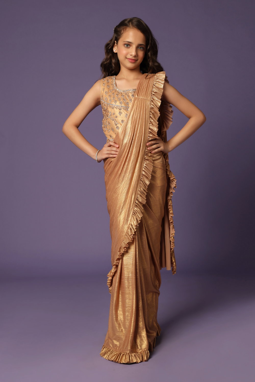 Ruffled Pre-Stitched Saree Gown with Festive Layering & Bling Jacket Blouse, Bell Sleeve
