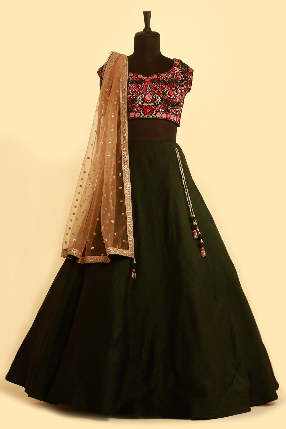 FOREST GREEN LEHENGA AND CONTRAST CHOLI WITH MULTI COLOUR FLORAL EMBROIDERY AND GOLD DUPATTA - Seasons India FOREST GREEN LEHENGA AND CONTRAST CHOLI WITH MULTI COLOUR FLORAL EMBROIDERY AND GOLD DUPATTA - Seasons India
