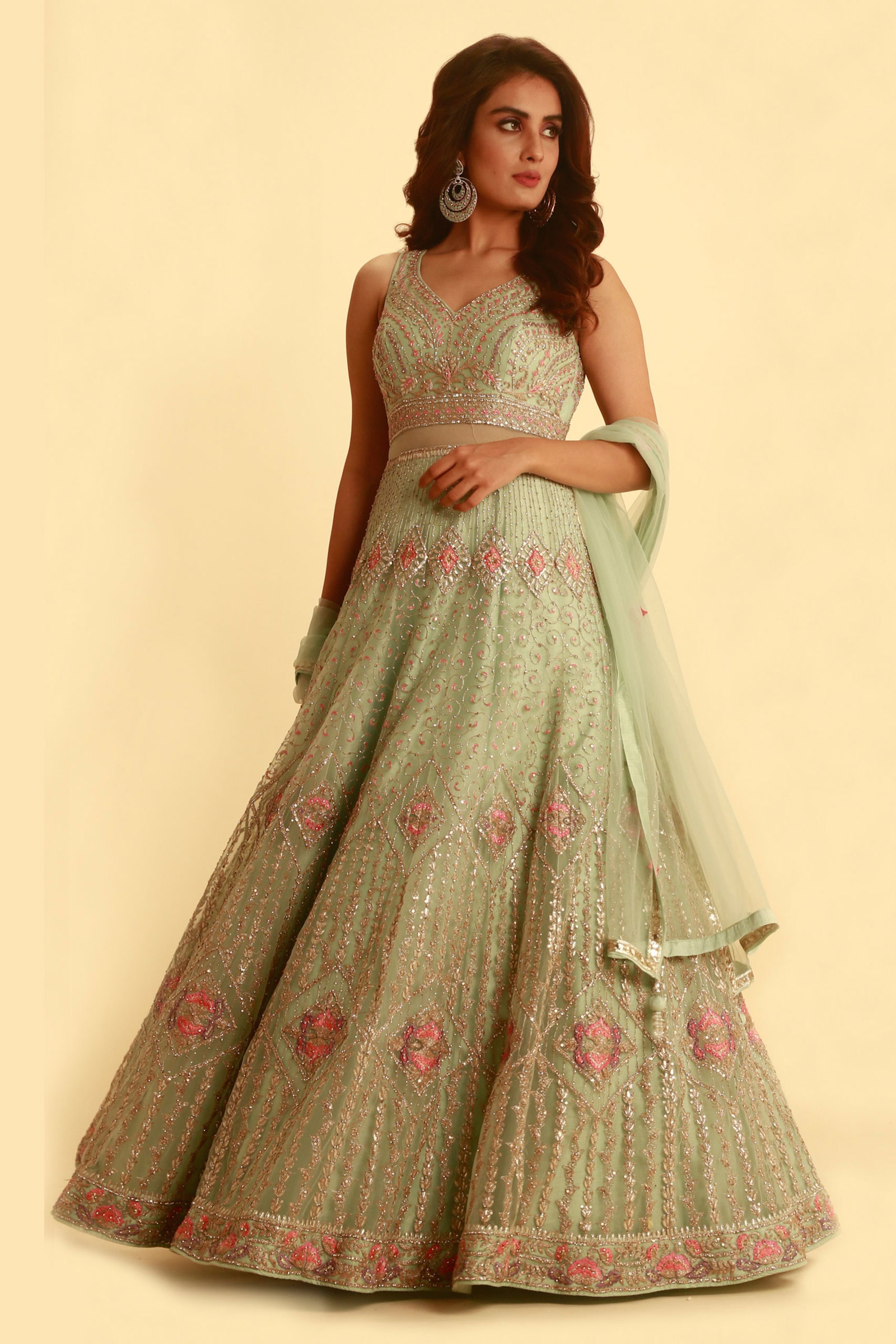 Pastel Green Anarkali Gown Set with Contrast Embroidery & Dupatta - Seasons  India