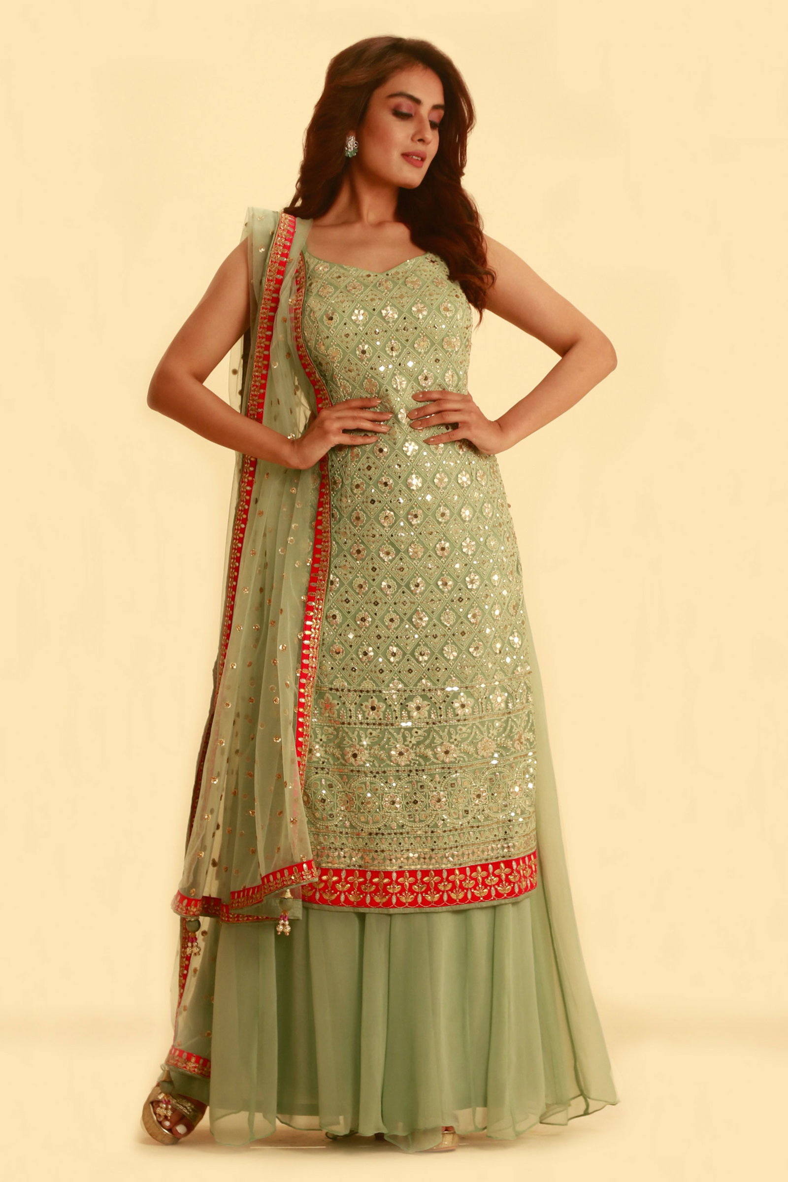 PISTA GREEN SALWAR SET WITH PALAZZO PANTS AND MATCHING DUPATTA WITH  CONTRAST BORDER AND BUTIS - Seasons India