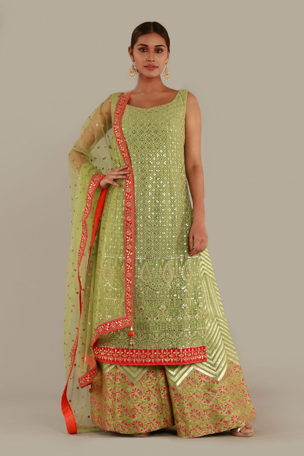 Buy Dark Lime Green Long Kurti with Banarasi Palazzo Pants and Matching Dupatta