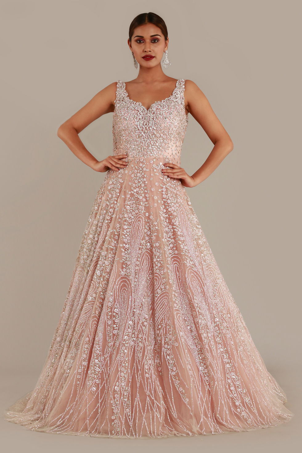 Buy Blush Pink Shimmery Tulle Gown with Cut Work Neckline Silver Embroidery and Stone Embellishments