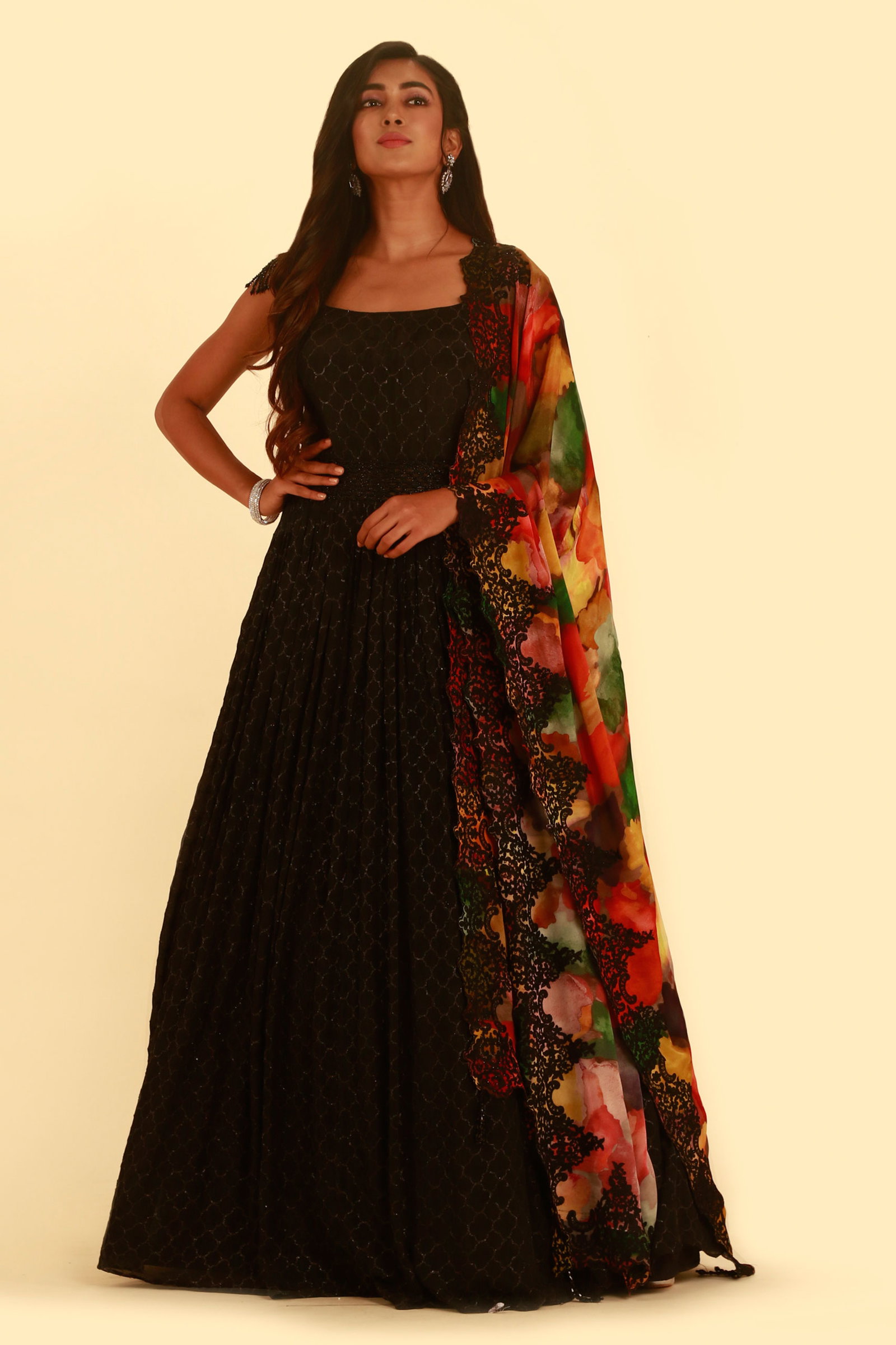 Buy Charcoal Black Anarkali Gown Set with Contrast Printed Dupatta Buy Charcoal Black Anarkali Gown Set with Contrast Printed Dupatta