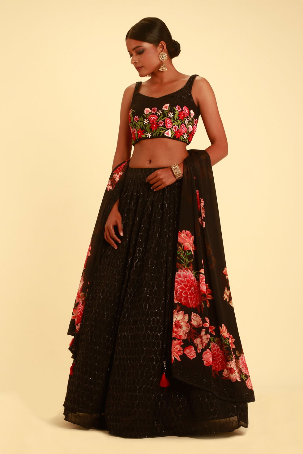 Raven Black Lehenga with Multicoloured Thread Work & Printed Dupatta -  Seasons India