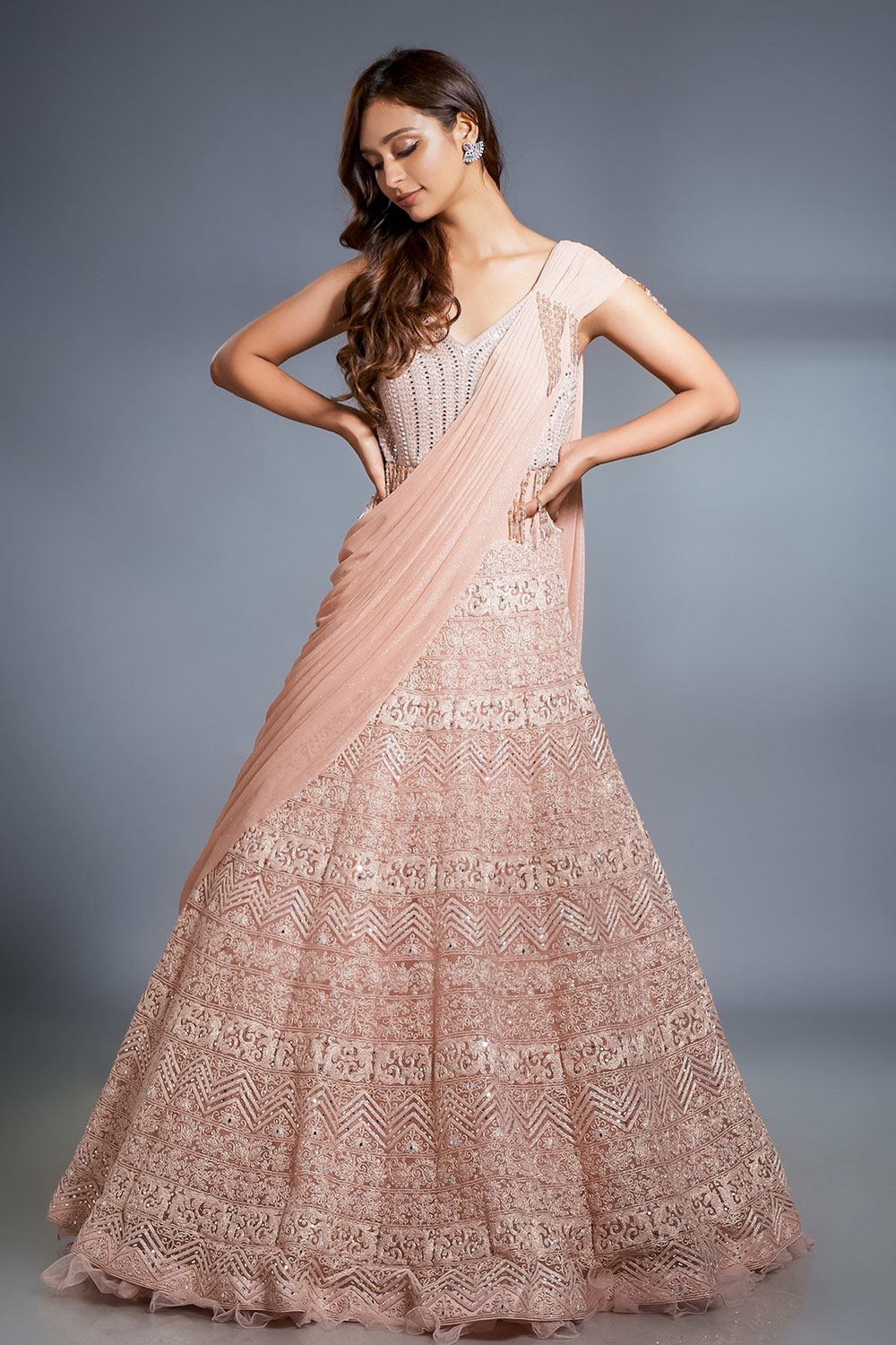 Teal Multicolored Abstract Printed Long Gown with Shaded Blue Dupatta &  Zari Work - Seasons India