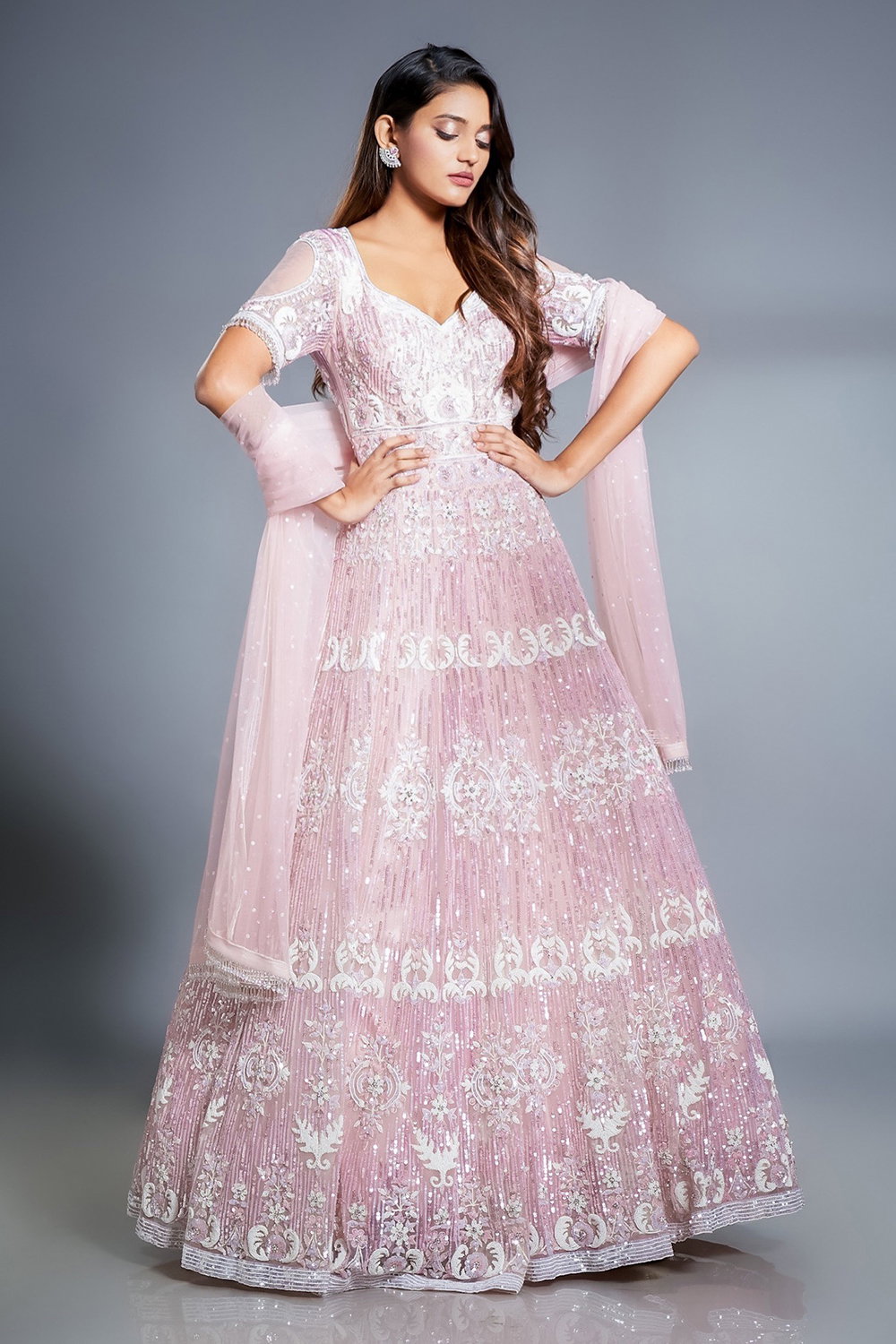 rose pink color combination dress ROSE PINK GOWN SET WITH SELF COLOUR, IVORY AND SILVER 'PAANI' SEQUIN AND  PEARL HAND EMBROIDERY WITH CUT OUT SLEEVES AND A MATCHING DUPATTA WITH  TASSELS