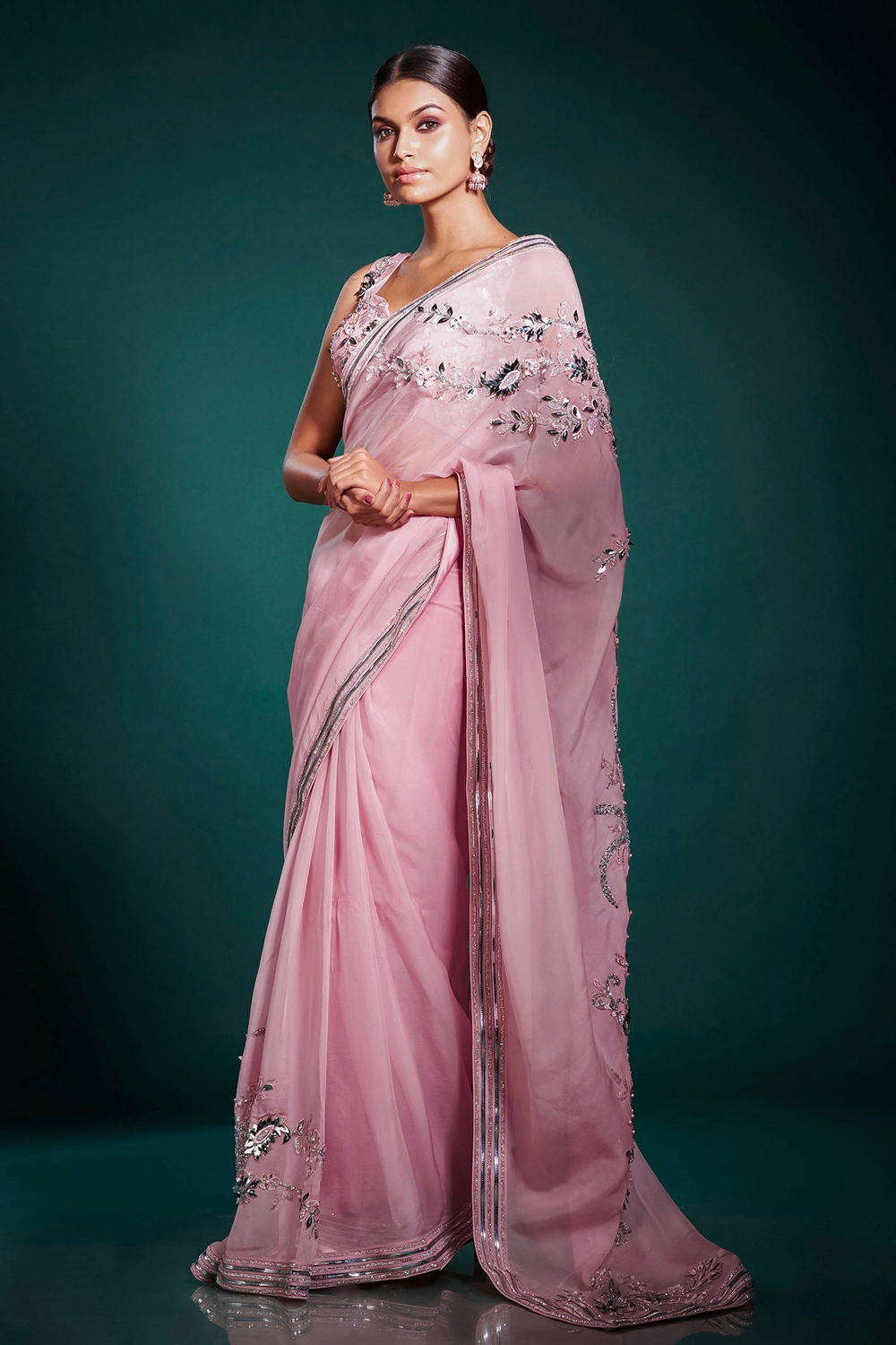 Pastel Pink Classic Saree with 3D Flowers, Cutwork Detail & Embroidered ...