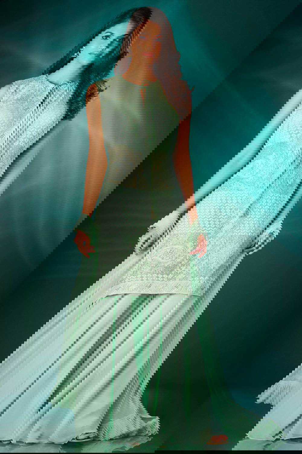 MINT GREEN PALAZZO PANT SET WITH A CHIKAN JACKET STYLE TIE UP KURTA TOP  PAIRED WITH A MATCHING FRILL DETAIL DUPATTA. - Seasons India