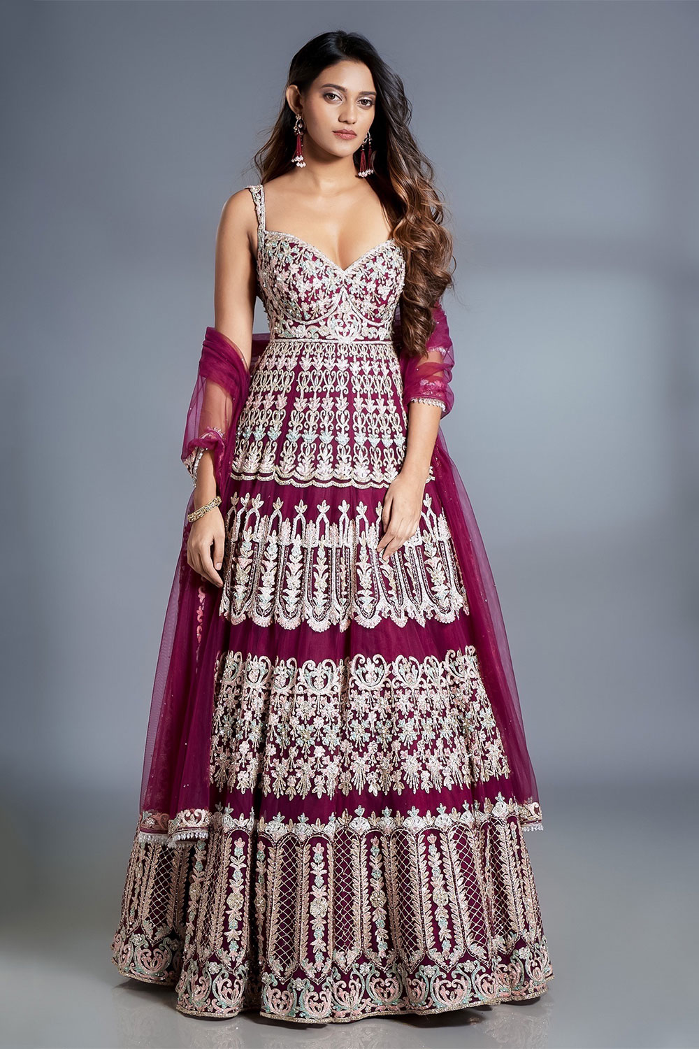 fitted lace wedding dress Purple Suit with Handpainted Dupatta – Muksweta main image 0