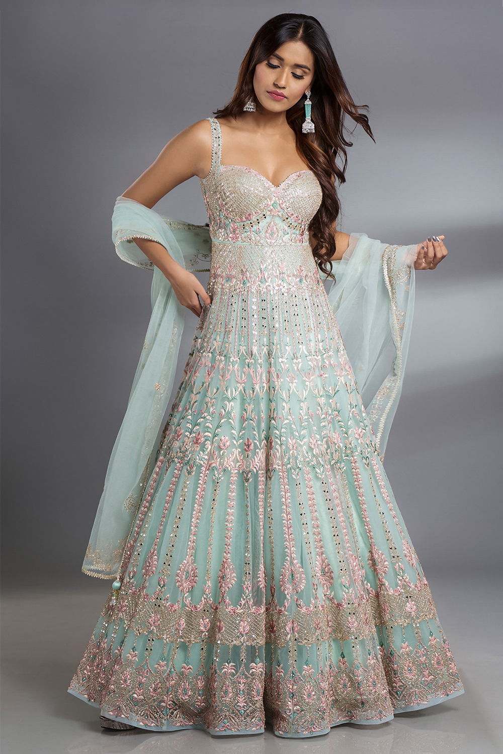 Pastel Green Anarkali Gown Set with Multicoloured Thread Work Abla and Silver Highlights Seasons India