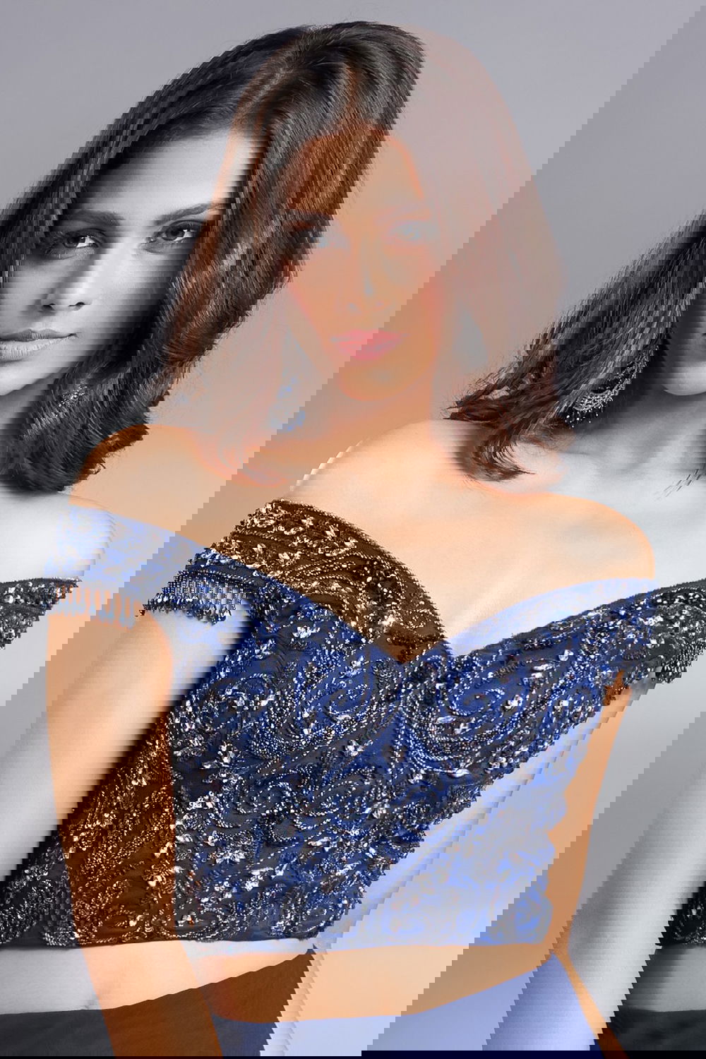 Navy Blue Off-The-Shoulder Blouse with Hand Embroidery & Tassels