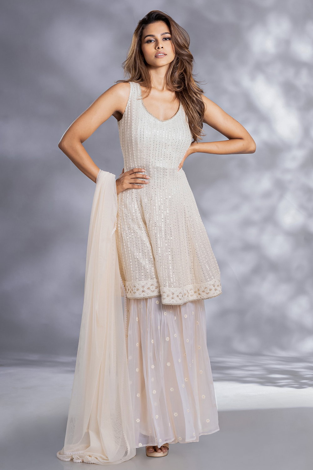Girls White Ikkat Button Top With Sharara Pants