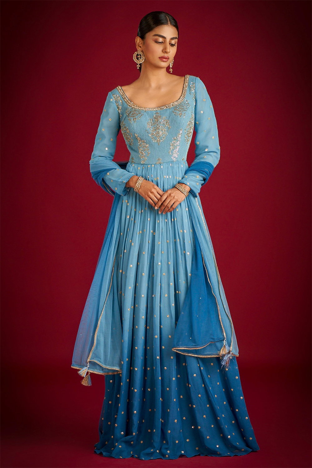 slim fit dress slacks Blue & Yellow Anarkali  Lakhina Couture