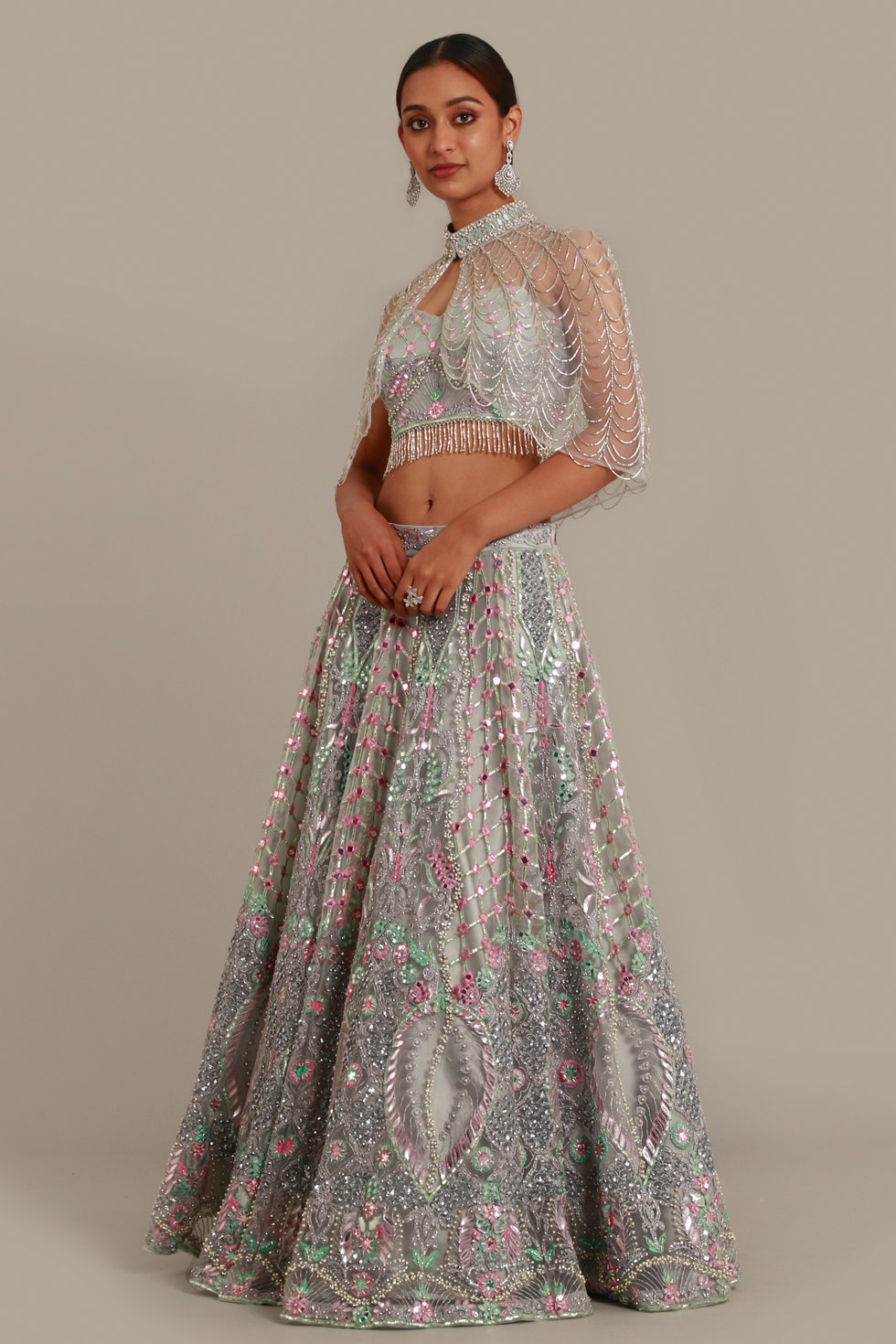 GREY BLUE LEHENGA SET WITH CONTRAST MULTI COLOURED EMBROIDERY, MATCHING ...