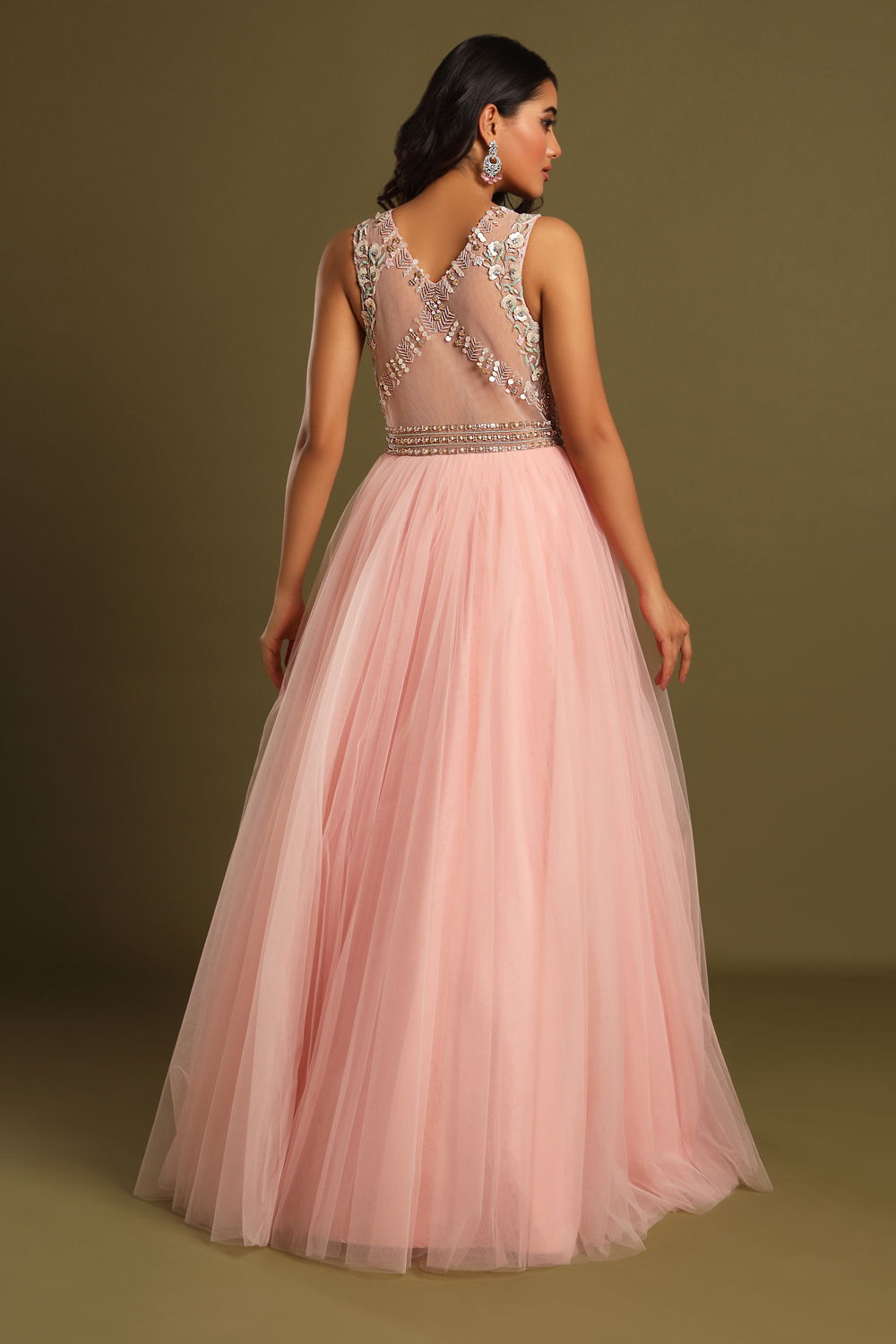 Elegant Baby Pink Tulle Gown with Hand-Embroidered Bodice & Silver