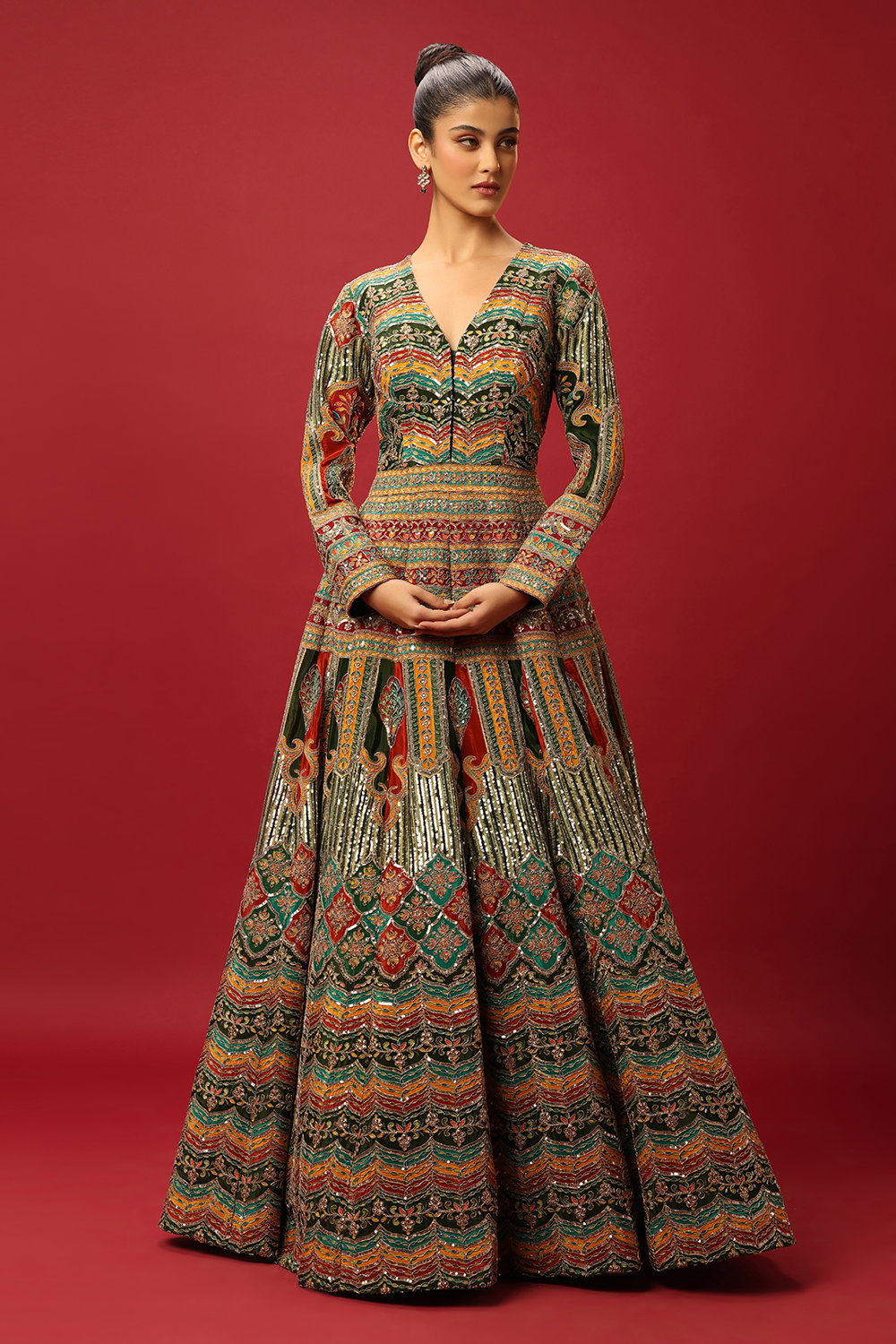 FERN GREEN AND RED CLASSIC MULTI COLOURED PRINTED ANARKALI GOWN SET WITH  GOLD ZARI THREAD WORK PAIRED WITH A CONTRAST RED DUPATTA AND SEQUIN  DETAILS. - Seasons India