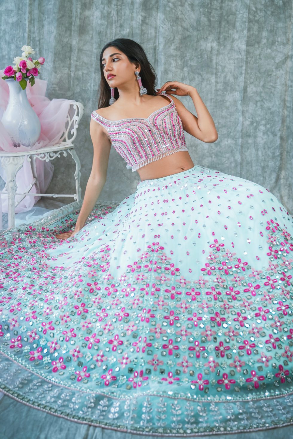 SKY BLUE LEHENGA SET WITH MULTI COLOURED EMBROIDERY AND 'ABLA' PAIRED WITH  A MATCHING DUPATTA, SILVER EMBELLISHMENTS AND TASSELS. - Seasons India