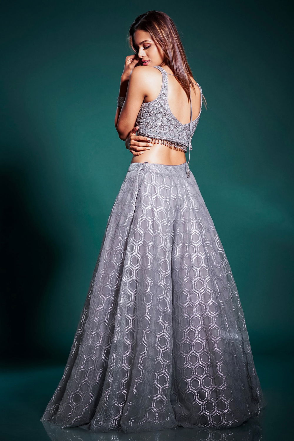 Silver Grey Lehenga Set with Hand-Embroidered Blouse